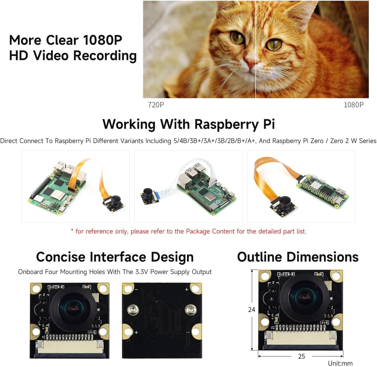 Waveshare Raspberry Pi Camera Module Kit 1080p fiskeøjeobjektiv med bredere synsfelt til alle versioner af Raspberry Pi