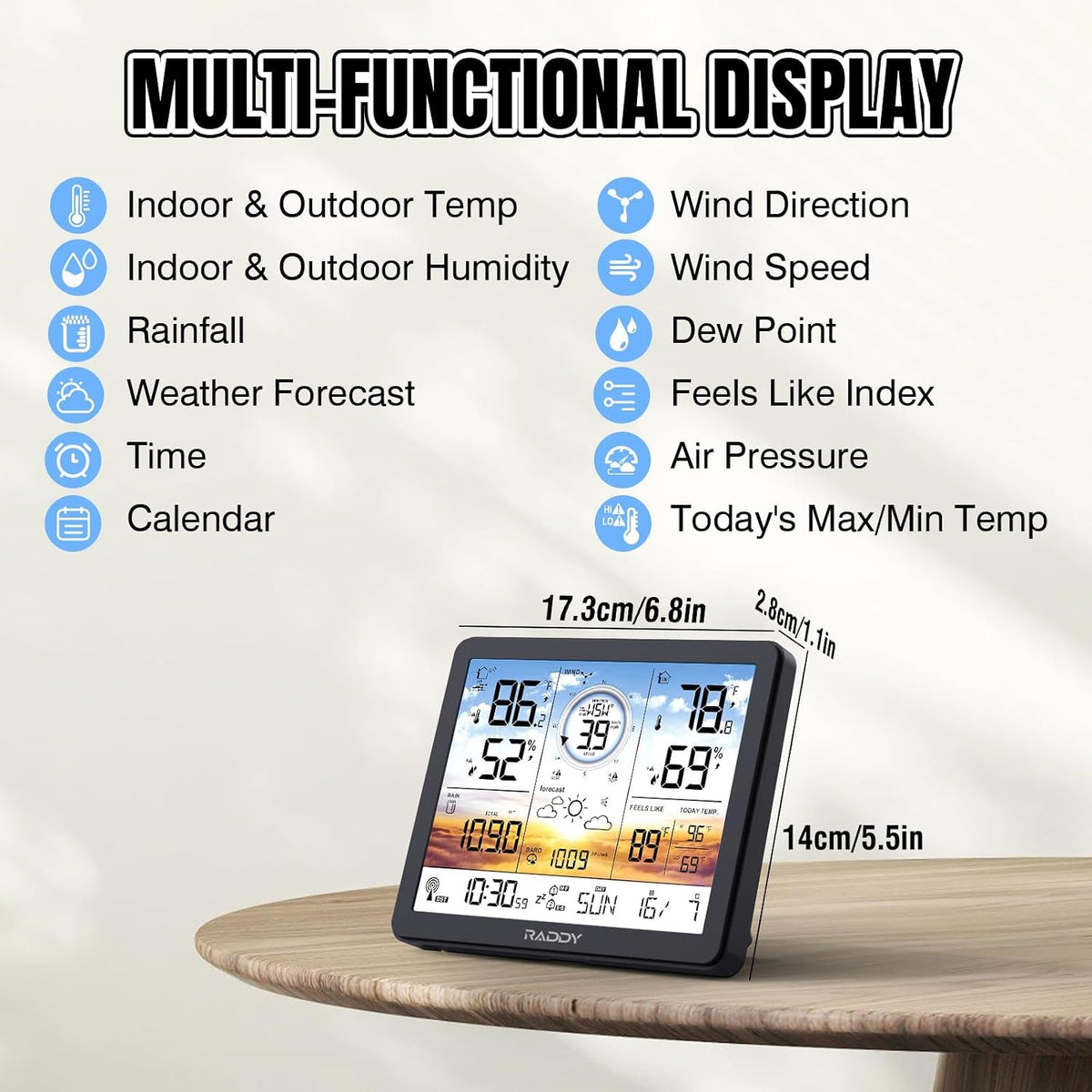 Trådløs vejrstation til indendørs og udendørs brug, professionelt termometer, radiostyret ur, temperatur- og luftfugtighedsmåler, 7,4" LCD-Display
