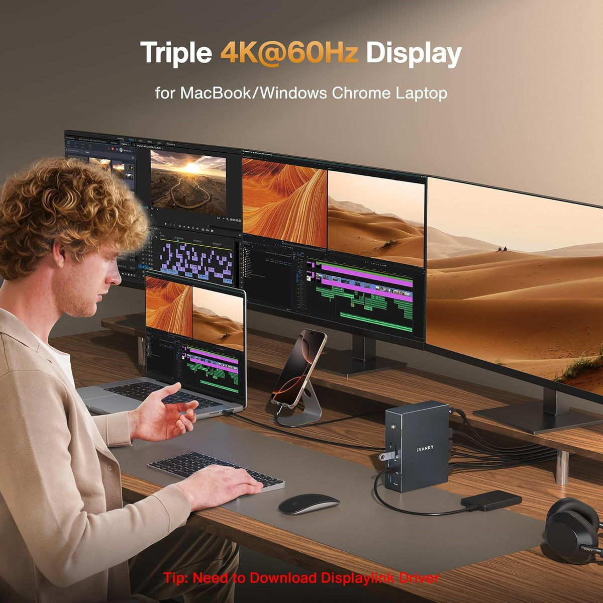 iVANKY 20-i-1 DisplayLink Dockingstation Air FusionDock Pro 2, Triple 4K@60Hz skærme til M1/M2/M3/M4/M5 MacBook/Windows, 180W, 2.5GbE, HDMI, DP, 10Gbps