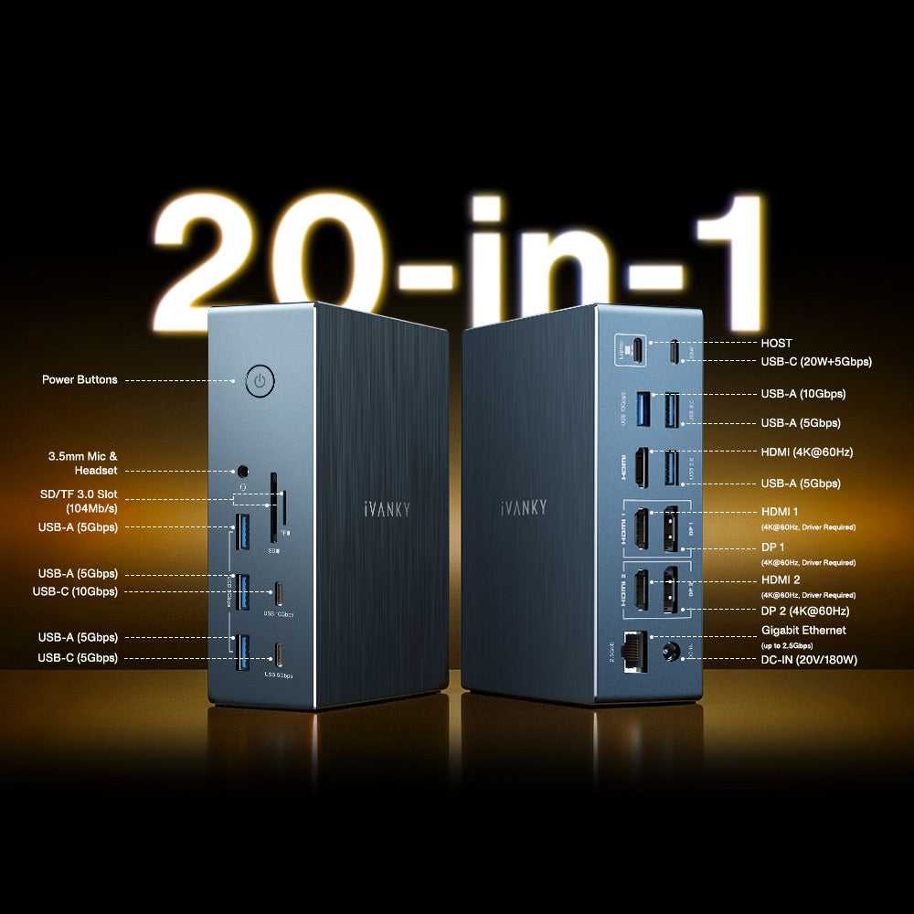 iVANKY 20-i-1 DisplayLink Dockingstation Air FusionDock Pro 2, Triple 4K@60Hz skærme til M1/M2/M3/M4/M5 MacBook/Windows, 180W, 2.5GbE, HDMI, DP, 10Gbps