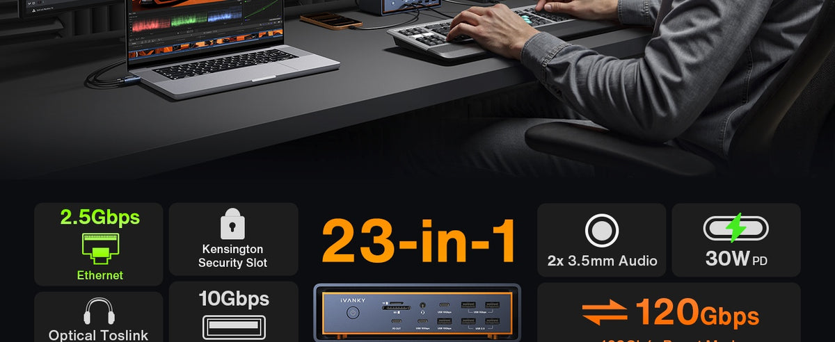 iVANKY FusionDock Max 2 Thunderbolt5 23-i-1 Dockingstation til Mac M1/M2/M3/M4/M5 Pro/Max 120Gbps Triple skærme 6K@60Hz 140W PD Windows inkompatibel