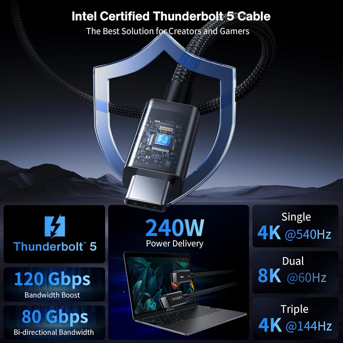 iVANKY Thunderbolt 5 kabel 1m Intel-certificeret, 80Gbps dataoverførsel, 120Gbps båndbredde, 240W opladning, Dobbelt 8K skærme, Kompatibel med MacBook M4 TB4/DP2.1/USB4