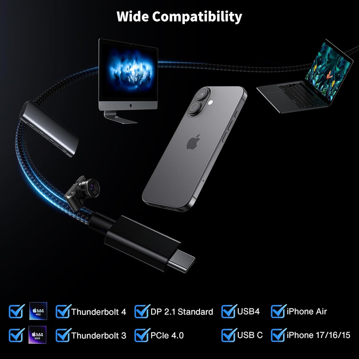 iVANKY Thunderbolt 5 kabel 1m Intel-certificeret, 80Gbps dataoverførsel, 120Gbps båndbredde, 240W opladning, Dobbelt 8K skærme, Kompatibel med MacBook M4 TB4/DP2.1/USB4