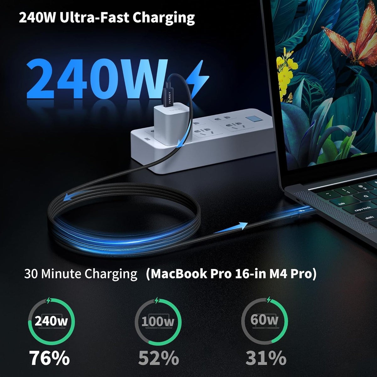 iVANKY Thunderbolt 5 kabel 1m Intel-certificeret, 80Gbps dataoverførsel, 120Gbps båndbredde, 240W opladning, Dobbelt 8K skærme, Kompatibel med MacBook M4 TB4/DP2.1/USB4